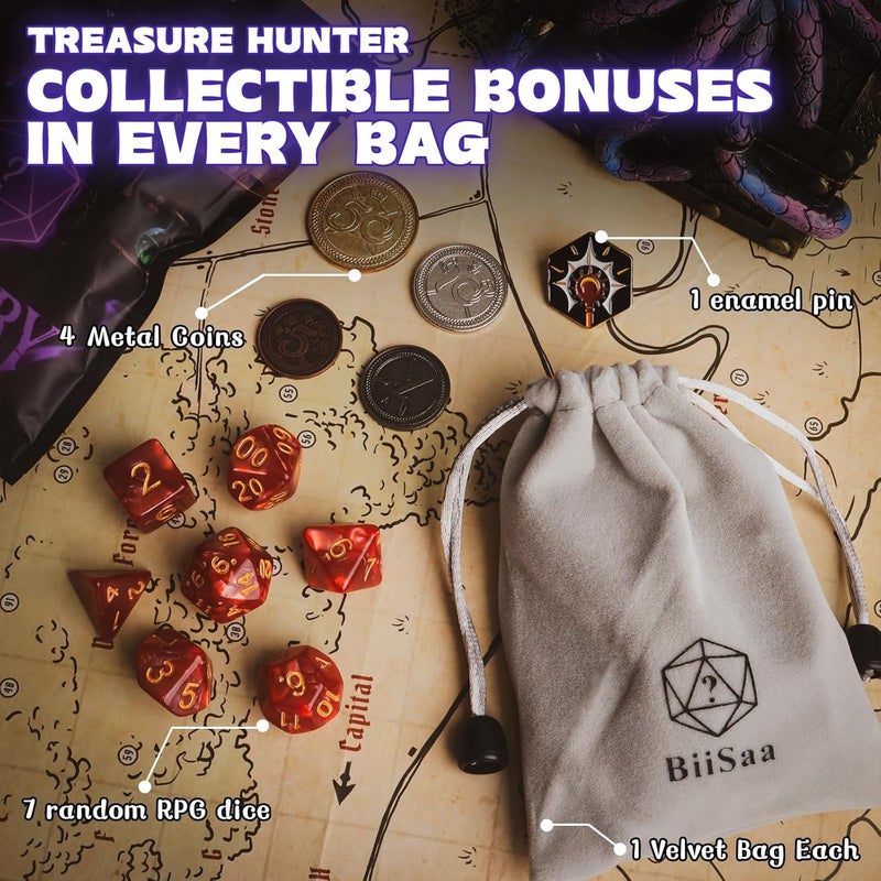 BiiSaa DND Mystery Dice Bundle – 6 Blind Bags w/ 7 Polyhedral RPG Dice, 4 Metal Coins, Enamel Pin & Velvet Bag Each – 1 in 10 to Get Premium Set – Gift for TTRPG Players, DMS & Dice Goblins (6 Packs Set) - Image 5
